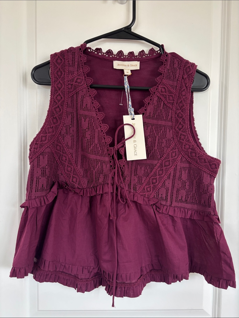 Jennifer & Grace Lace-Front Peplum Blouse in Burgundy
